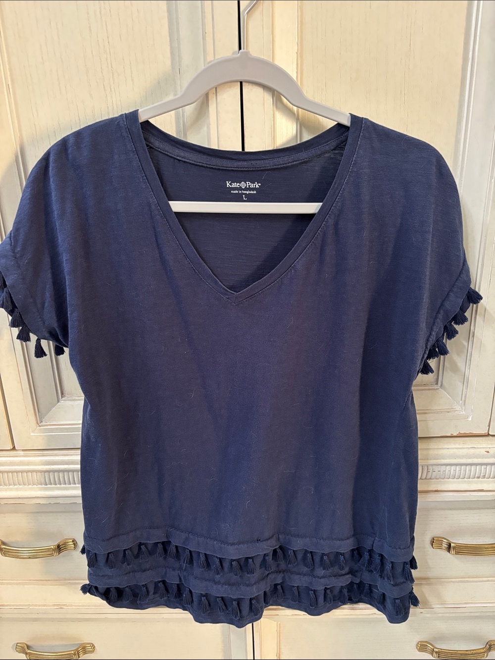 Kate & Park Navy V-Neck Short Sleeve Top with Tassel Trim